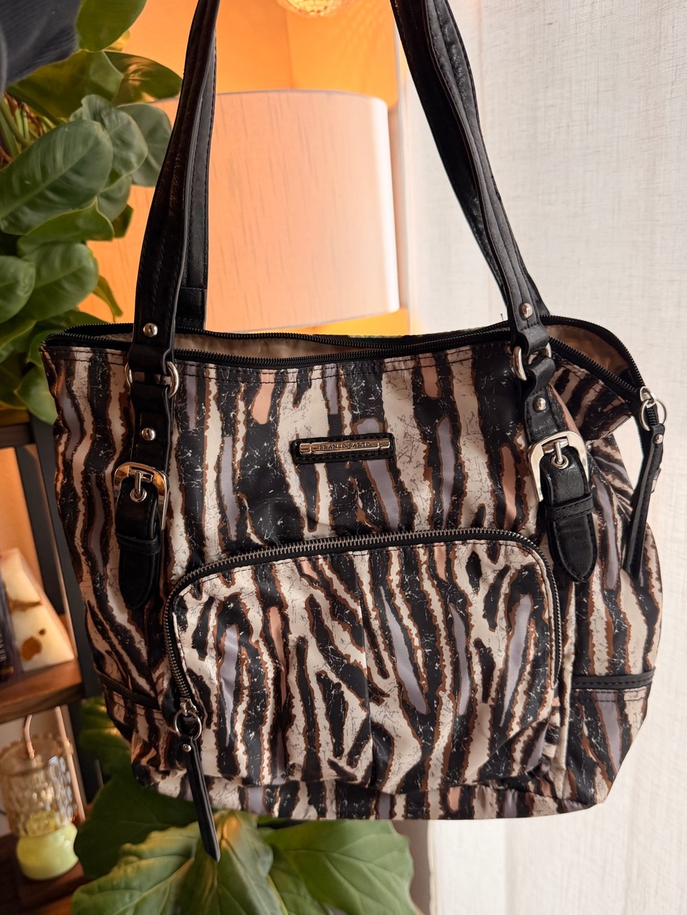 Franco Sarto Zebra-Print Shoulder Tote Bag in Black and Cream